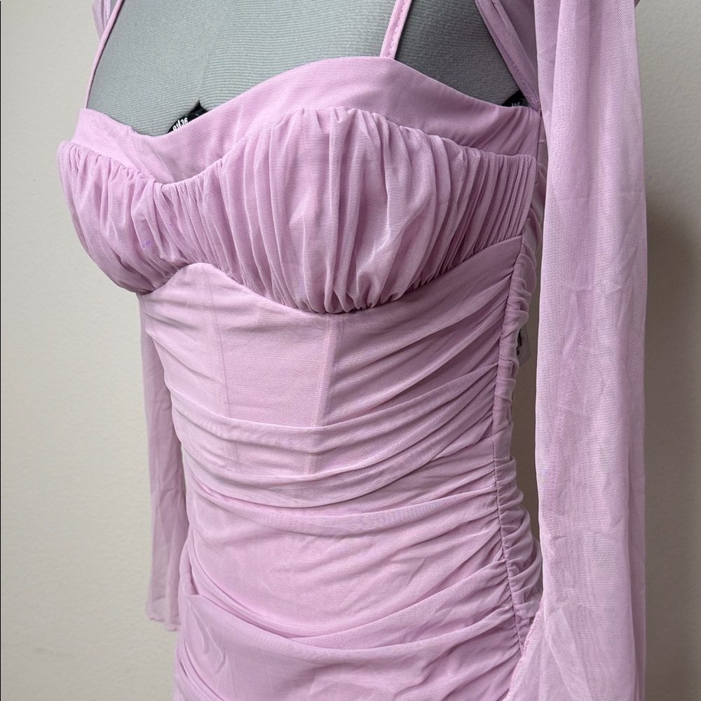Oh Polly Pink Ruched Mesh Mini Dress Long Sleeve Bodycon Size 6 NWT - Picture 4 of 10